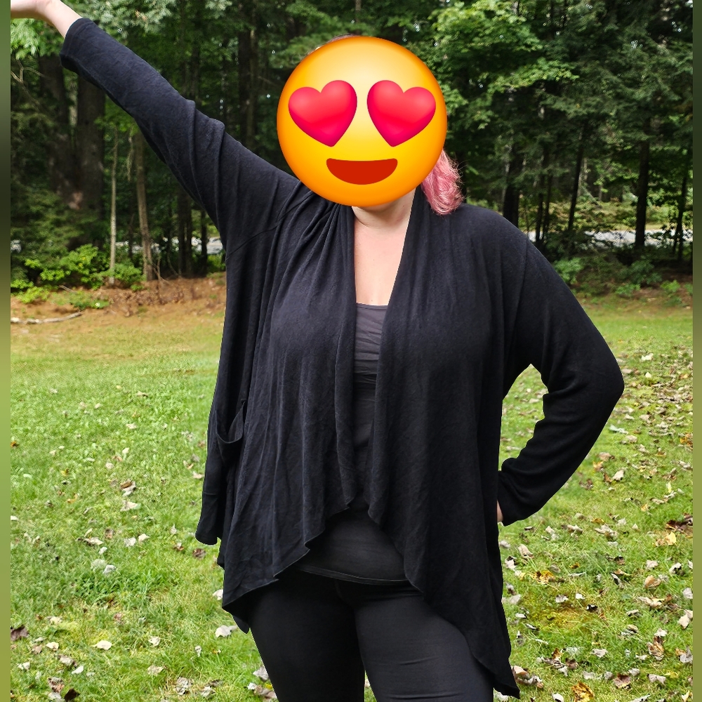 Super-soft, cascade waterfall-style black cardigan sweater